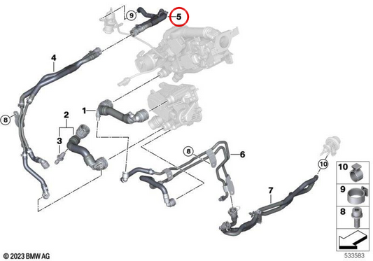 Tubo refrigerante para módulo SCR OEM 11538474431 para BMW G60, G61 {520d, 520d xDrive, 523d, 523d xDrive}. Original BMW.