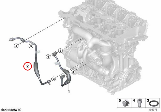 Tubo de refrigerante para turbo OEM 11538489611 para BMW F70, U06, U11, U12, U10, F65, F66, U25. Original BMW.