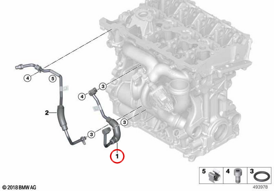 Tubo do sistema de refrigeração OEM 11538489616 para BMW F70 e F74 (1ª e 2ª séries) com motor B38. BMW genuíno.