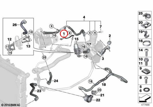Kühlmittelleitung vom Zylinderkopf zum Ausgleichsbehälter OEM 11538514456 für BMW F20, F21, F22, F23, F30, F31, F34 GT, F32, F33, F36, F10, F11, G30, G31, G11, G12, X3 F25, X3 G01, X4 F26, X4 G02, X5 F15 … und weitere. Original BMW