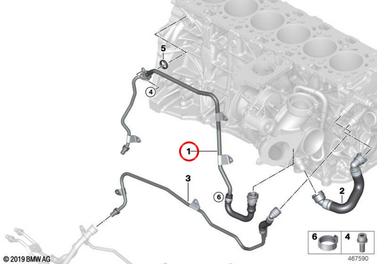 Kältemittelrohr für Turbolader OEM 11538576555 für BMW G30, G31, G32, G11, G12, G15, G16, G01, G02. Original BMW.