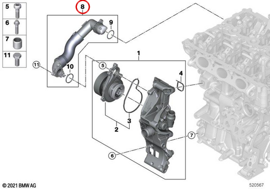 Wasserpumpenrohr zum OEM 11538645545 Motor für BMW F40, F44, F45, F46, F48, F39 und Mini F55, F56, F57, F54, F60. Original BMW und Mini.