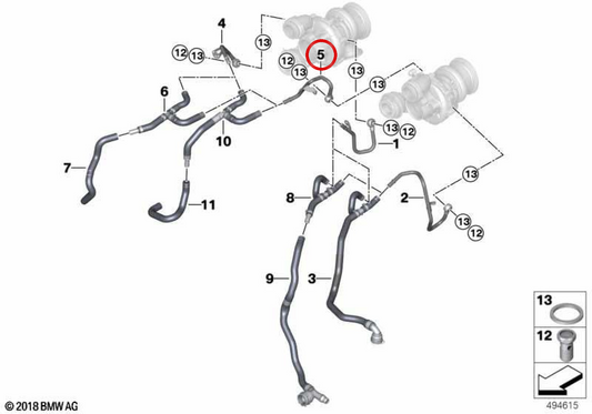 TURBO RETURN TUBE OEM 11538741774 for BMW F06, F12, F15, F16. Original BMW.