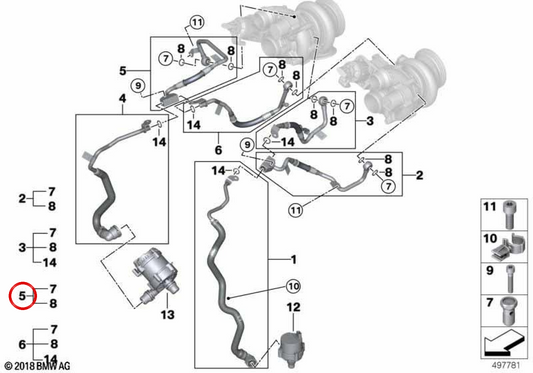 OEM 11538841581 Tubo di refrigerante turbo per BMW G30, G11, G12, G14, G15, G16, G05, G06, G07. BMW originale.