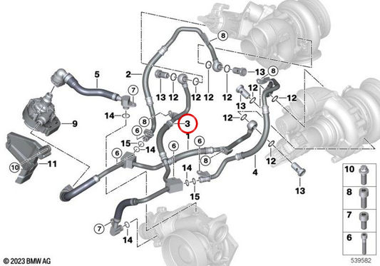OEM return cooling pipe 11539797655 for BMW G90 M5, G99 M5 Touring, G70, G73, X5 G05 LCI ... and more. Original BMW.