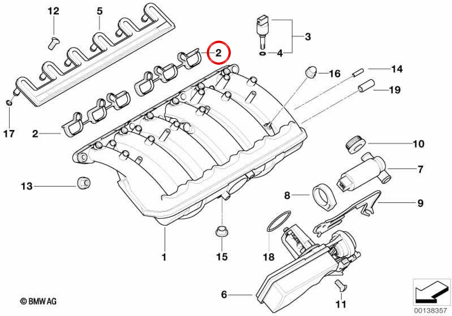 Ammissione dei tavole di gioco OEM 11611436631 per BMW E36, E46, E39, E60, E61, E38, E65, E66, E83, E53, Z3, E85. Compatibile con motori M52 e M54. BMW originale.