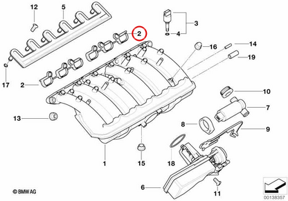 Ammissione dei tavole di gioco OEM 11611436631 per BMW E36, E46, E39, E60, E61, E38, E65, E66, E83, E53, Z3, E85. Compatibile con motori M52 e M54. BMW originale.