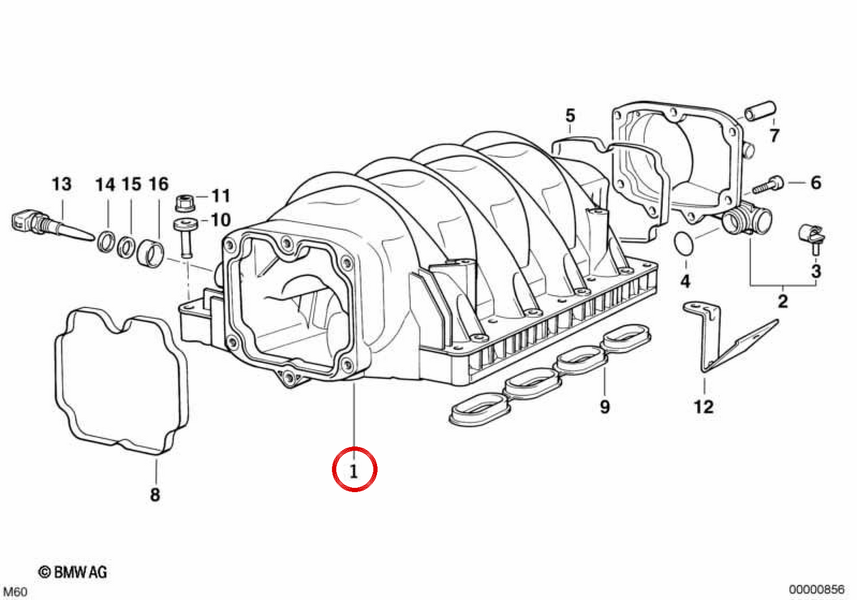 Tubo di ammissione OEM 11611729528 per BMW E34, E39, E32, E38, E31, E53, E52. BMW originale.