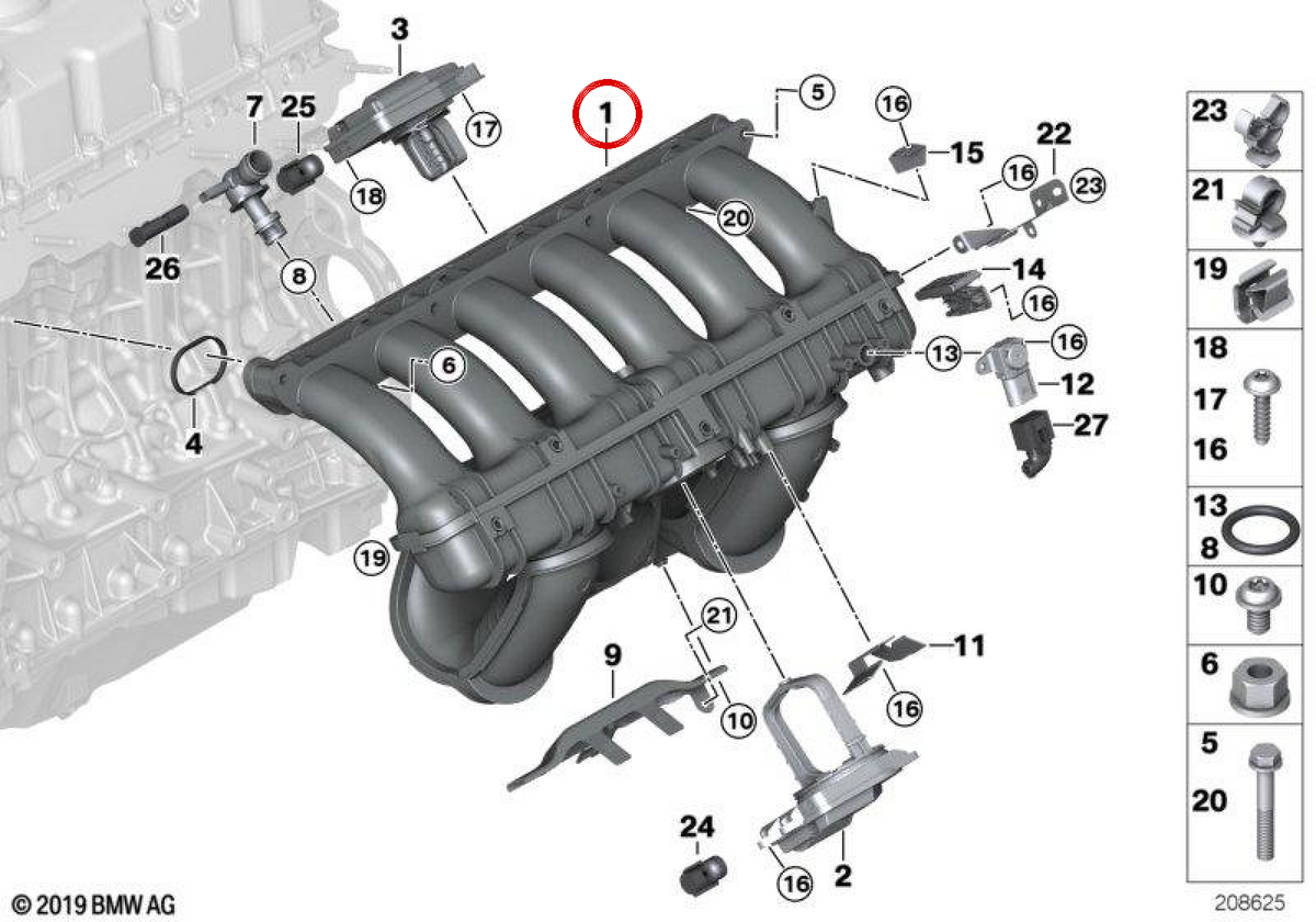 Tubo di ammissione OEM 11617559523 per BMW E81, E82, E87, E88, E90, E91, E92, E93, E60, E61, E63, E64, E65, E66, E84, E83, E70, E85, E86, E89. BMW originale.