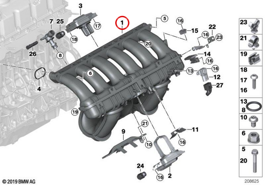 Tubo de admisión OEM 11617559526 para BMW E90, E91, E92, E93, E60, E61, E85. Original BMW.