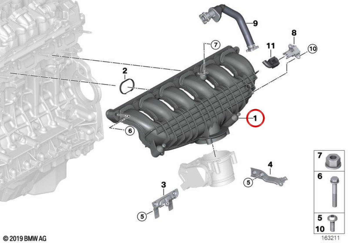 Colector de admisión OEM 11617564679 para BMW E82, E88, E90, E91, E92, E93, E60, E61, F01, F02, E71, E89. Original BMW.