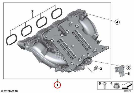 OEM -Zulassungskollektor 11617588126 für BMW F20, F21, F22, F23, F30, F31, F34, F32, F33, F36, F07, F10, F11, E84, F25, F26, F15, F16, E89. Original BMW.