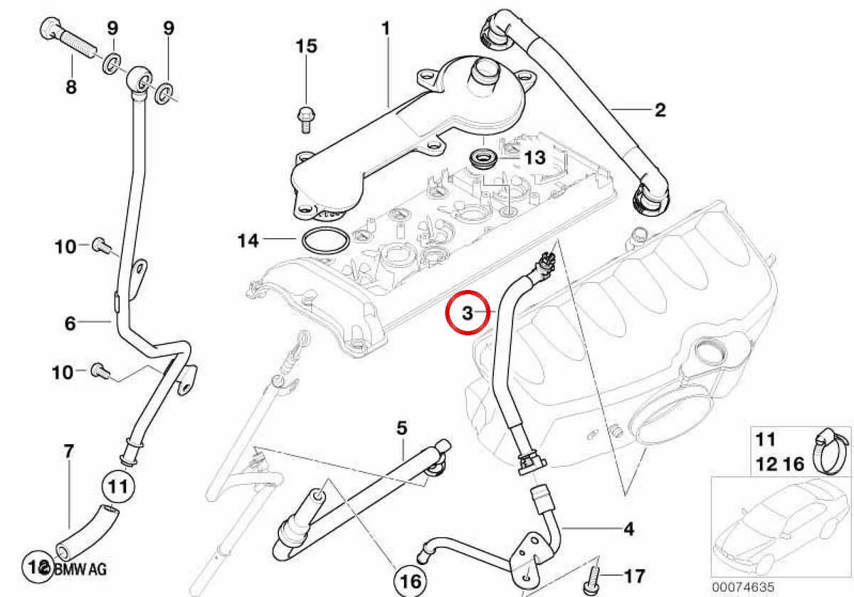 OEM 11617831336 crankcase ventilation hose for BMW E46, E39, E60, E61, E83, E53, Z3, Z4. Original BMW.
