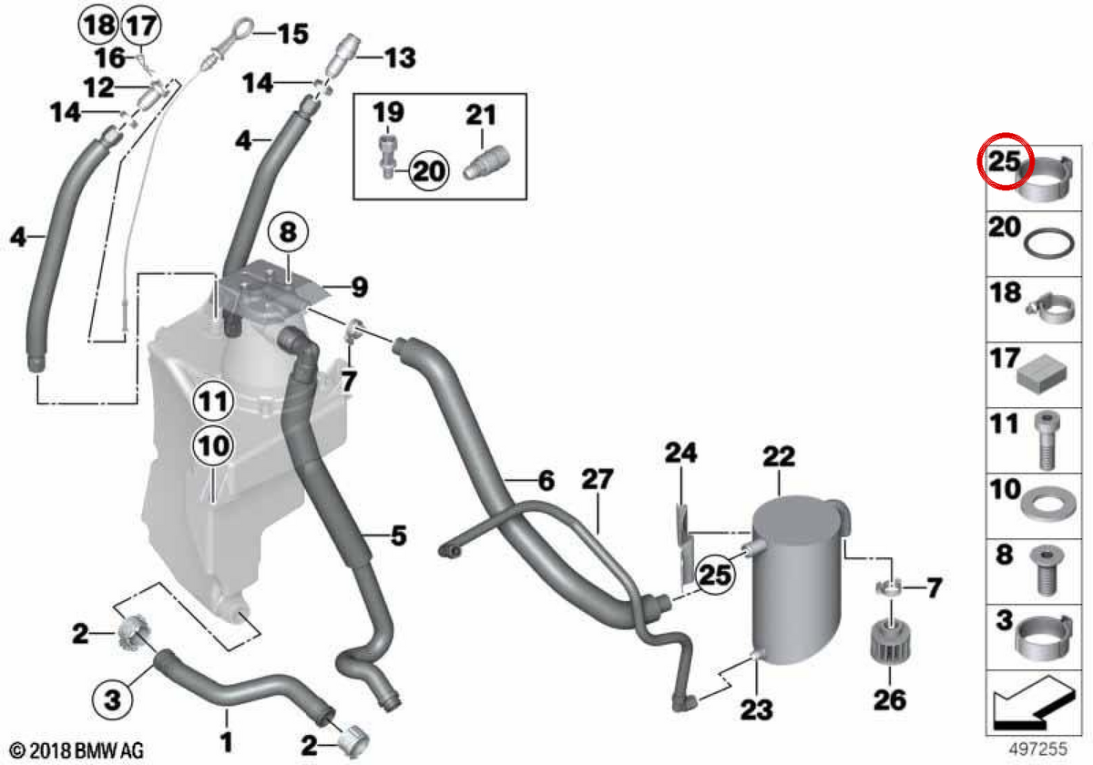 Abrazadera de manguera OEM 11617838291 para BMW E90, E92, E93. Original BMW.
