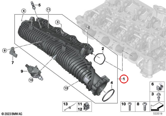 OEM admission duct 11618487589 for BMW U06, U11, U10, F65, F66, U25. Original BMW.