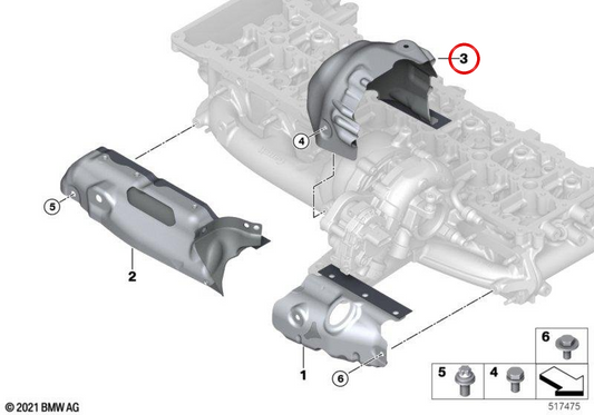 Protector térmico colector de escape OEM 11625B411C5 para BMW G20, G21, G22, G23, G30, G31, G32, G11, G12, G14, G15, G16, G01, G02, G05, G06, G07. Original BMW.