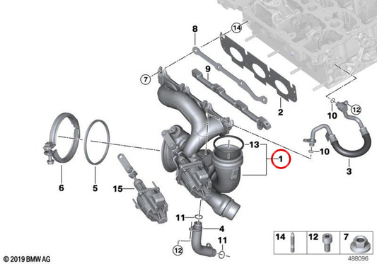 Turbocompresor con colector de escape OEM 11655A14820 para BMW F45, F48, F49, F39 y F60. Original BMW.