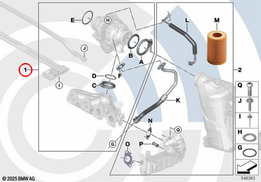 Kit de montagem de turbocompressor OEM 11655A74B42 para BMW F45, F46. BMW genuíno.