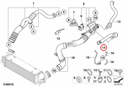 Tubo de descarga de aire OEM 11657556555 para BMW E82, E88, E90, E91, E92, E93. Original BMW.