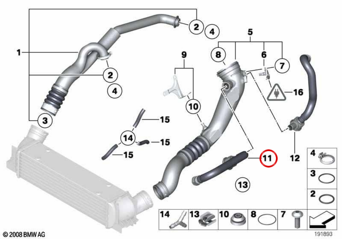Tubo de recirculação de ar de impulso OEM 11657577231 para BMW E89, E60, E61, E63, E64, E70, E71, E81, E82, E87, E88, E90, E91, E92, E93. BMW genuíno.