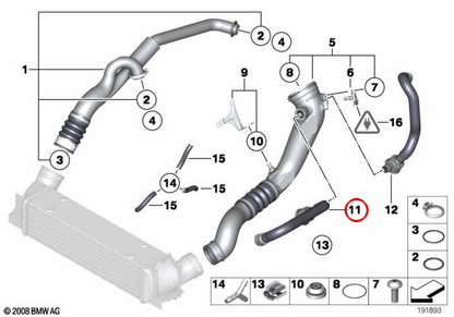 Tubo de recirculação de ar de impulso OEM 11657577231 para BMW E89, E60, E61, E63, E64, E70, E71, E81, E82, E87, E88, E90, E91, E92, E93. BMW genuíno.