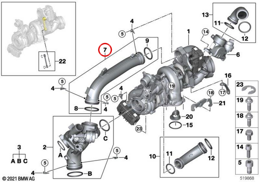 Tubo di connessione OEM 11658579370 per BMW G30, G31, G11, G12, G05, G06, G07. BMW originale.