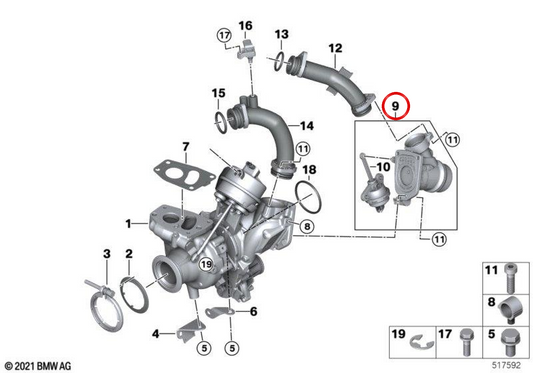 Válvula de desvio turbo OEM 11658587518 para BMW G42, G20, G21, G28, G22, G23, G26, G30, G31, G32, G01, G02. BMW genuíno.