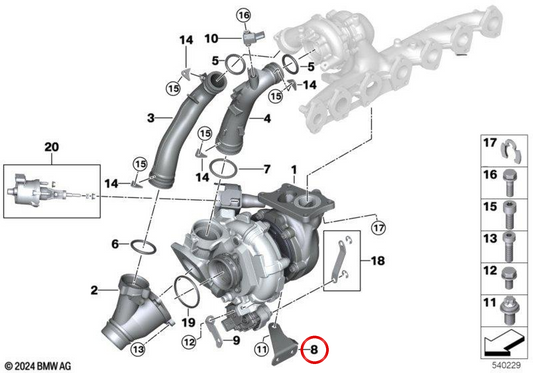 Turbocompressor support OEM 11658596257 for BMW G20, G21, G22, G23, G26, G30, G31, G60, G61, G32, G11, G12, G70, G14, G15, G16, G01, G02, G05, G06, G07. Original BMW.
