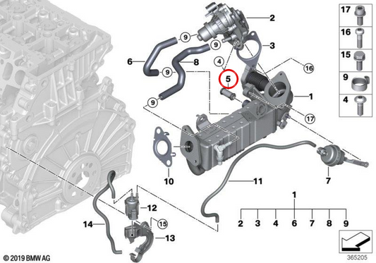 Tubo conector de gás OEM 11715A9D336 para BMW Série 2 F45 214d, 216d, 218d (motores B37 e B47, transmissão manual e automática, tração dianteira). BMW genuíno.