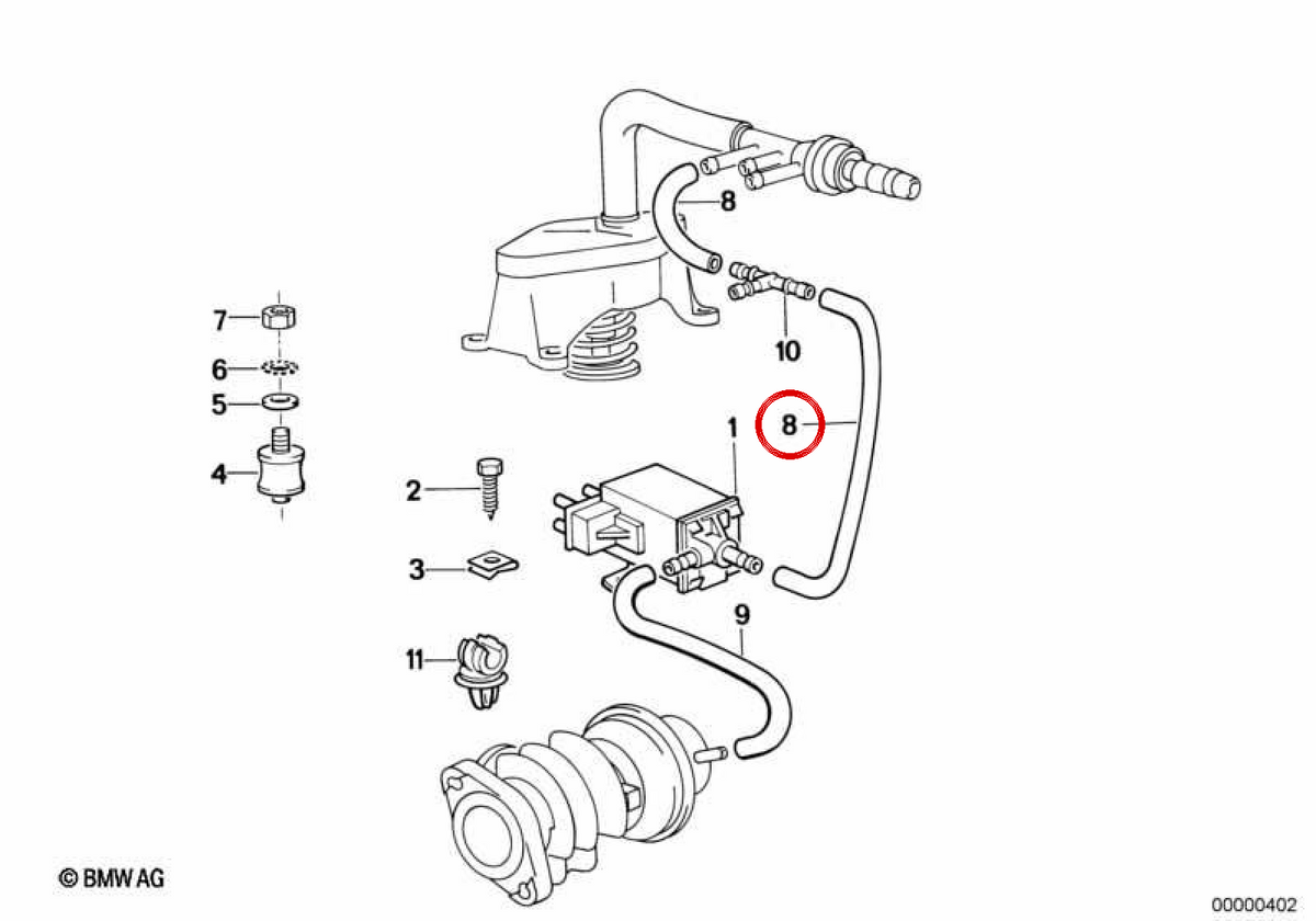 OEM Red Vacuum Tube 11747797050 pour BMW E21, E30, E46, E90, E91, E92, E93, E12, E28, E34, E39, E60, E61, E24, E63, E64, E23, E38, E65, E66, E83. BMW d'origine.