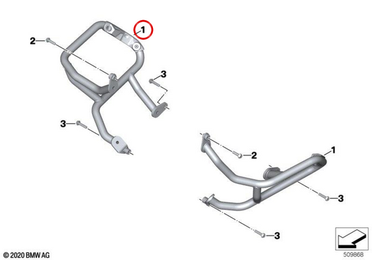 Estribord de protection moteur gauche OEM 11841541243 pour motos BMW R 1200 GS, R 1250 GS (K50). Original BMW Motorrad.