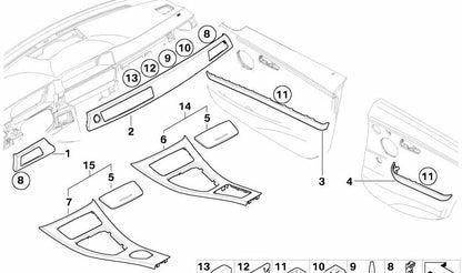 Moldura aluminio puerta trasera izquierda OEM 51426982473 para BMW E90, E91. Original BMW.