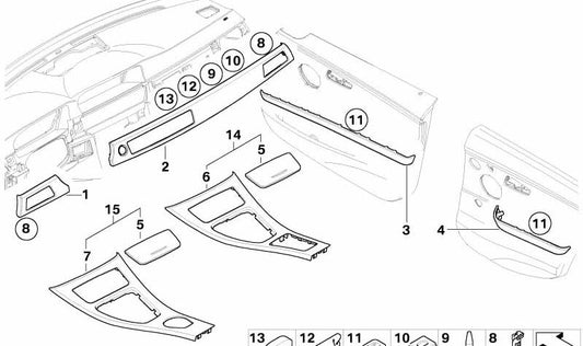 Embellecedor salpicadero aluminio derecho OEM 51457132855 para BMW E90. Pieza original BMW.