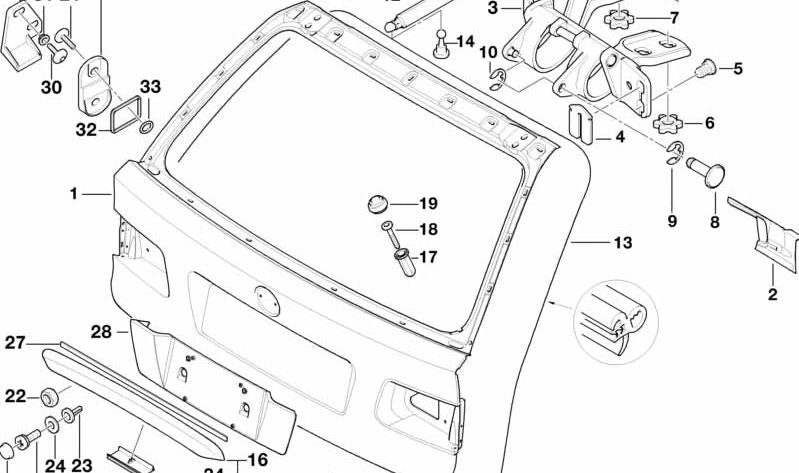 Manilla portón trasero con botón OEM 51138185790 para BMW E39. Original BMW.