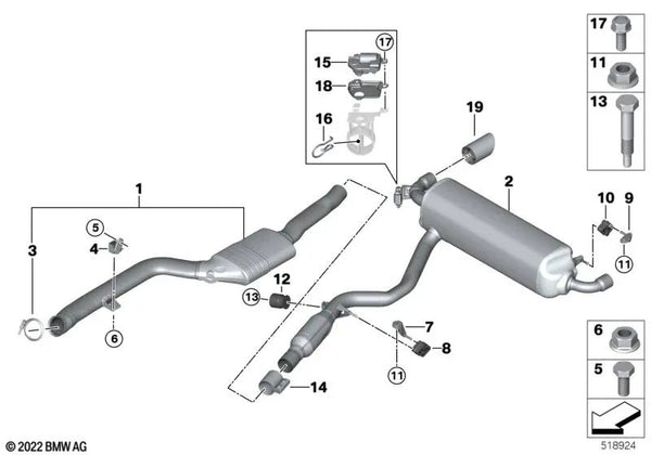 Soporte silenciador trasero derecho para BMW G42 (OEM 18309894274). Original BMW.