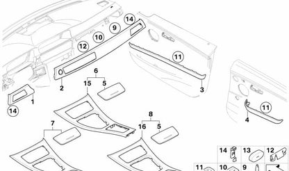 Moldagem interna Porta frontal esquerda na geleira de alumínio Silber OEM 51419145407 para BMW E90, E91. BMW original.