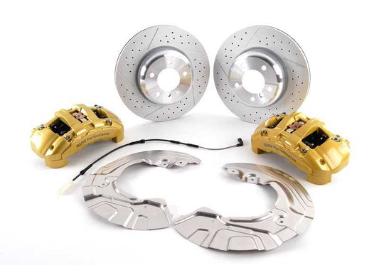 Sportbremskit 34110444738 für BMW E81, E87, E87N, E90, E90N, E91N, E92, E92N, E93, E93N. Enthält Pinzetten, belüftete Scheiben und vordere Pillen. Original BMW.
