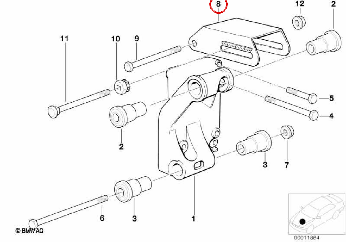 Soporte tensor alternador OEM 12311734462 para BMW E30, E36, E34. Pieza original BMW.