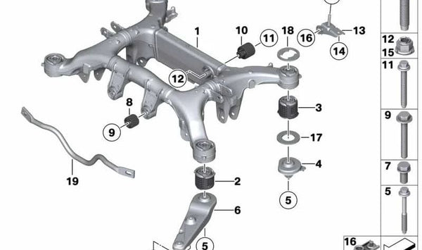 Soporte Silentblock trasero OEM 33316852047 para BMW F01, F02. Original BMW.
