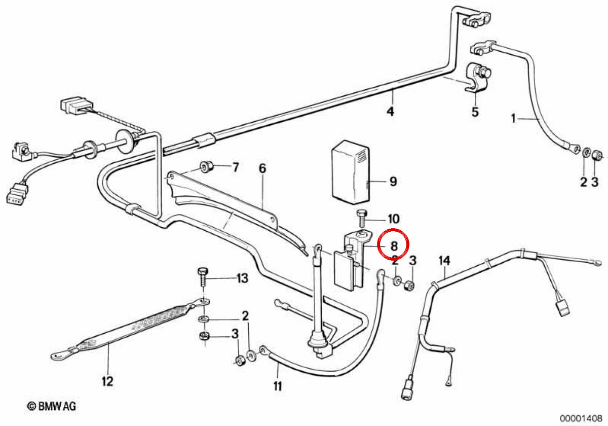 Supporto batteria B+ OEM 12421708539 per BMW E32. BMW originale.