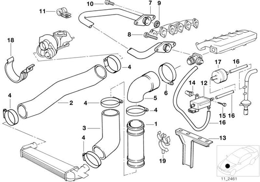 Manguera de presión de turbo OEM 11612245369 para BMW E36 325tds y BMW E34 525tds. Compatible con motores diésel M51. Original BMW.