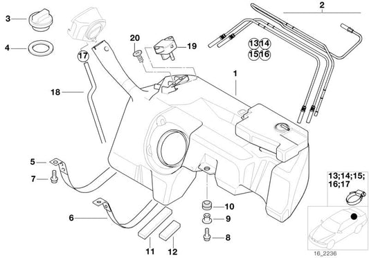 Abrazadera de depósito de combustible OEM 16111185029 para BMW Z3 {E36} (modelos 1.8, 1.9, 2.0). Original BMW.