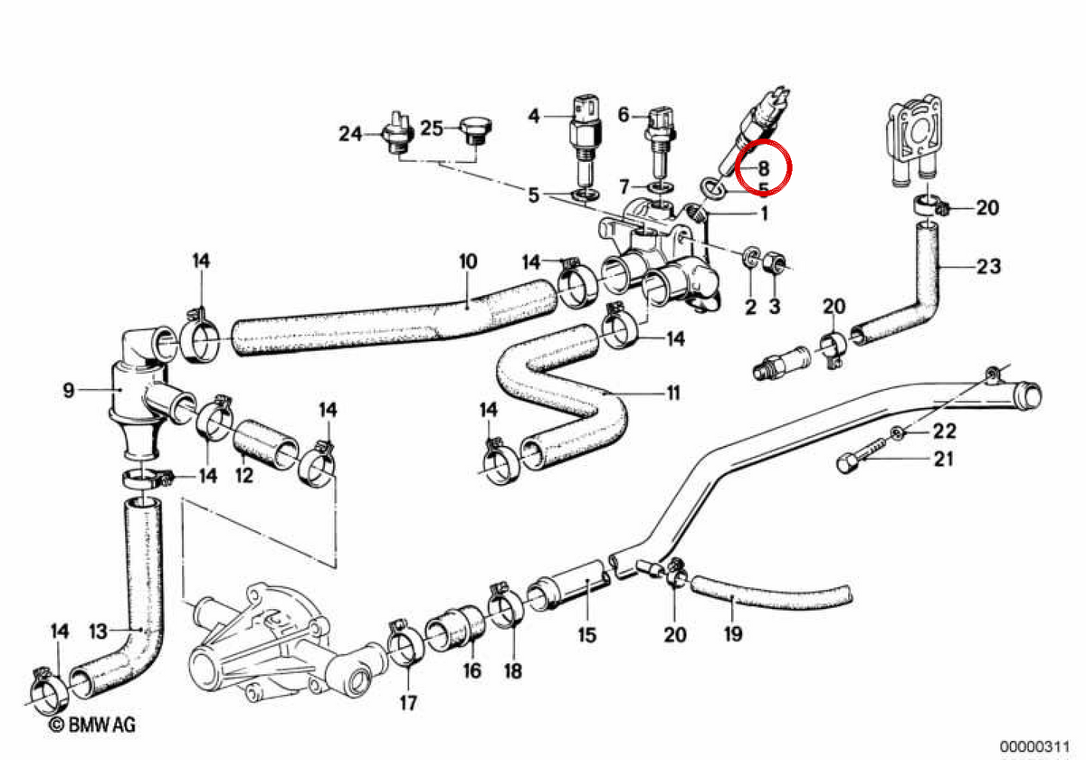 Engine temperature sensor and warning contact OEM 12621285073 for BMW (E30, E28, E21, E12, E24, E23). Original BMW.