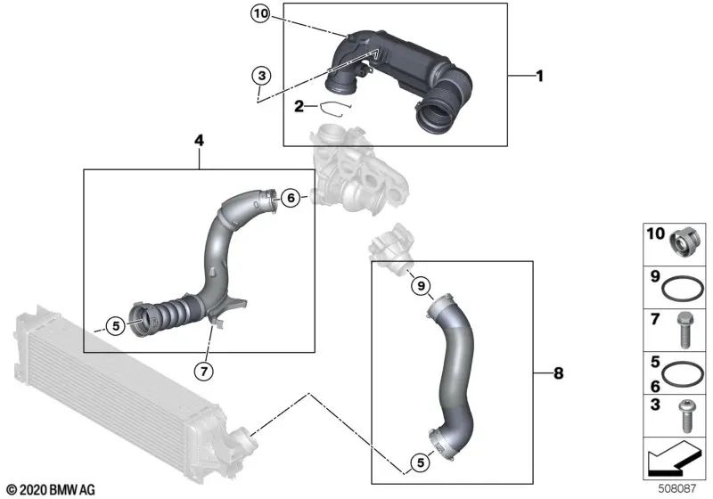 O duto de ar intercoler para BMW 1 F52 Series, Série 2 F45, X1 F48, F48N, F49, X2 F39, MINI F54, F56, F60 (OEM 13718616212). BMW original