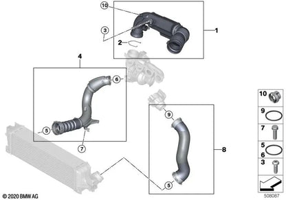 O duto de ar intercoler para BMW 1 F52 Series, Série 2 F45, X1 F48, F48N, F49, X2 F39, MINI F54, F56, F60 (OEM 13718616212). BMW original