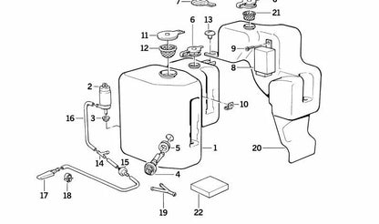 Depósito de líquido limpiaparabrisas OEM 61671370777 para BMW E30. Compatible con todos los modelos E30. Recambio original BMW.