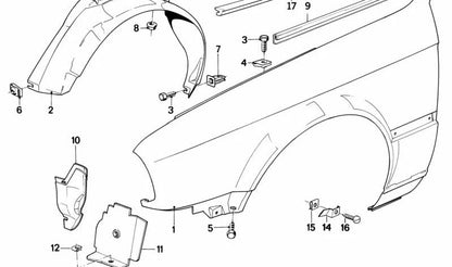 Cubierta paso de rueda delantero derecho OEM 51711935842 para BMW E30. Original BMW.
