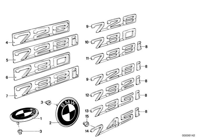 Emblema adhesivo trasero "732" OEM 51141873100 para BMW Serie 7 E23. Original BMW.