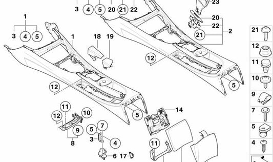 Soporte adaptador consola central delantera derecha OEM 51167122338 para BMW E81, E82, E87, E88. Original BMW.
