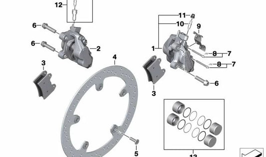Sella senza pastiglia freno sinistra OEM 34117716717 per BMW Motorrad F800GT, F800S, F800ST, R nineT Pure, R nineT Scrambler... e altro ancora. BMW Motorrad originale.